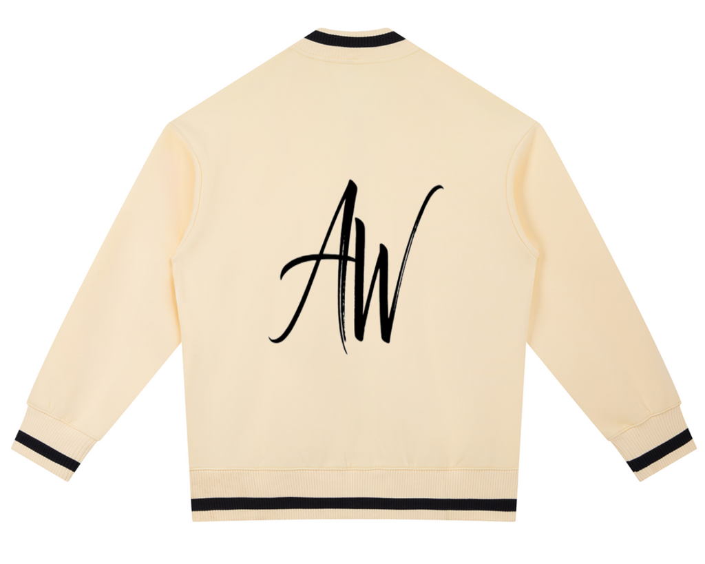 AW Script Contrast Piping Zip Bomber Jacket in Apricot — Unisex Streetwear Outerwear