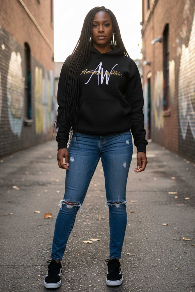 Female model in black hoodie
