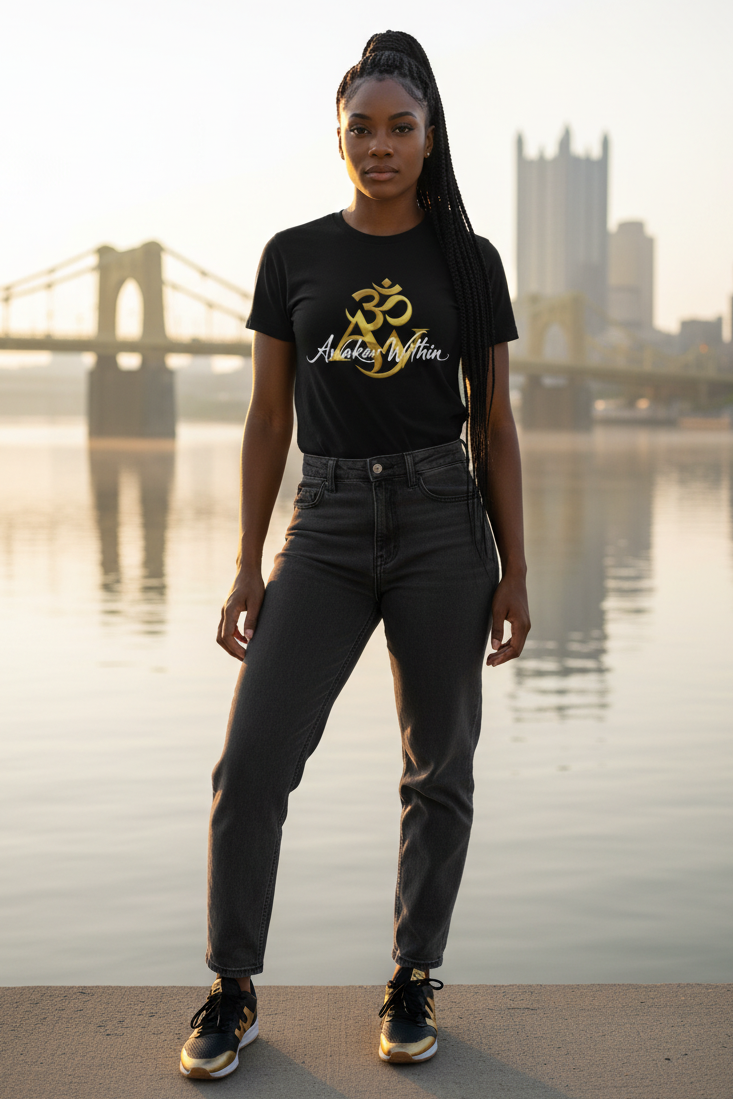 Female model in black spiritual AW tee