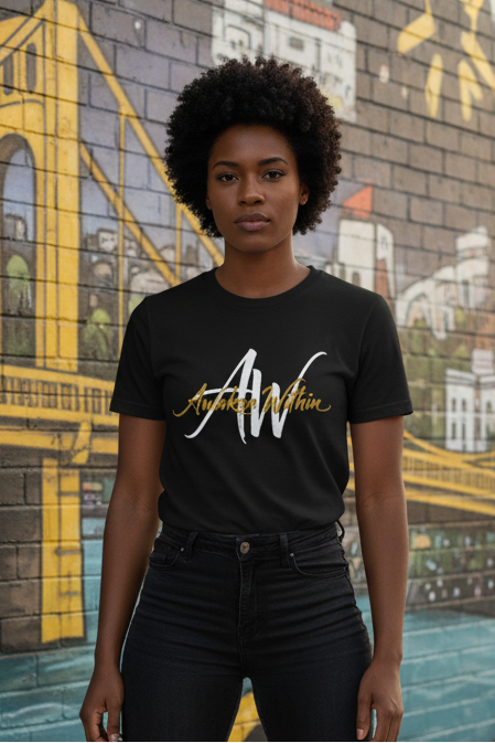 Female model in black tee
