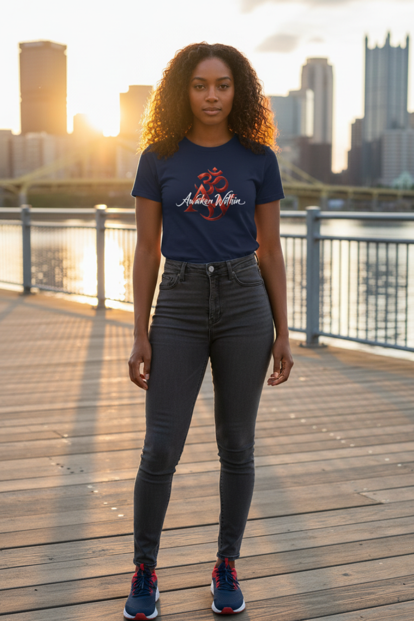 Female model in navy spiritual AW tee