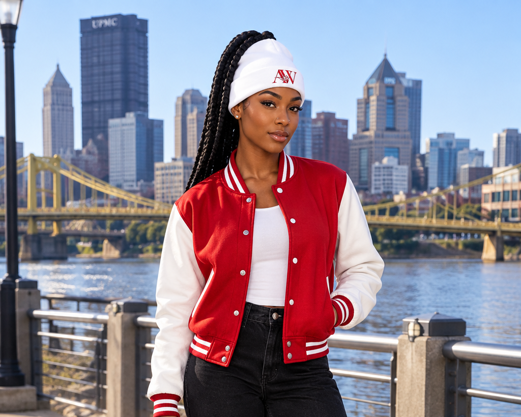 Female model in white AWA beanie