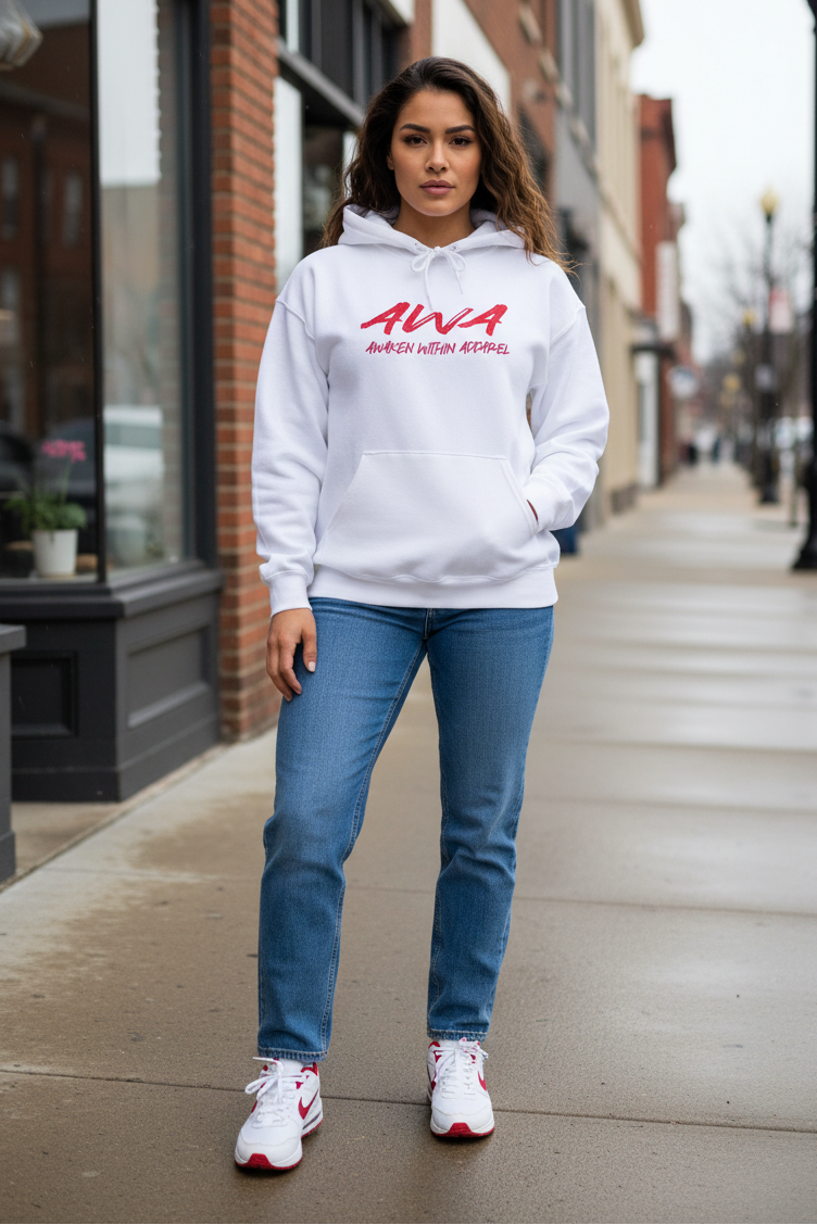 Female model in white AWA hoodie