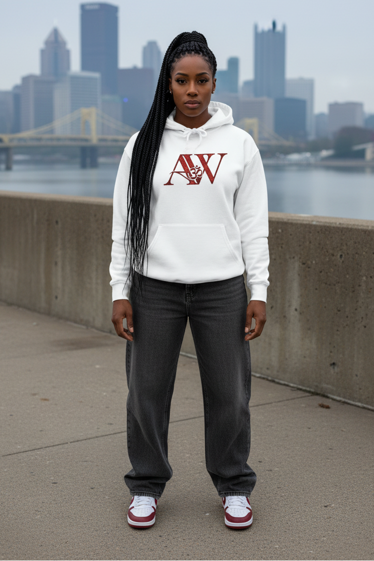 Female model in white AWA hoodie