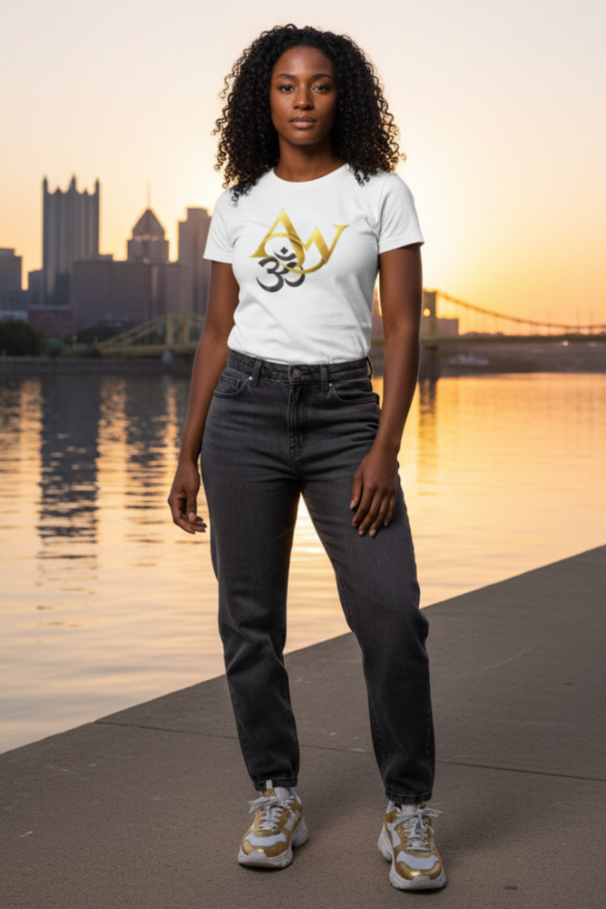 Female model in white Om-AW tee