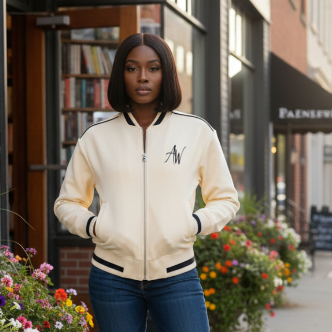 Female model wearing cream jacket