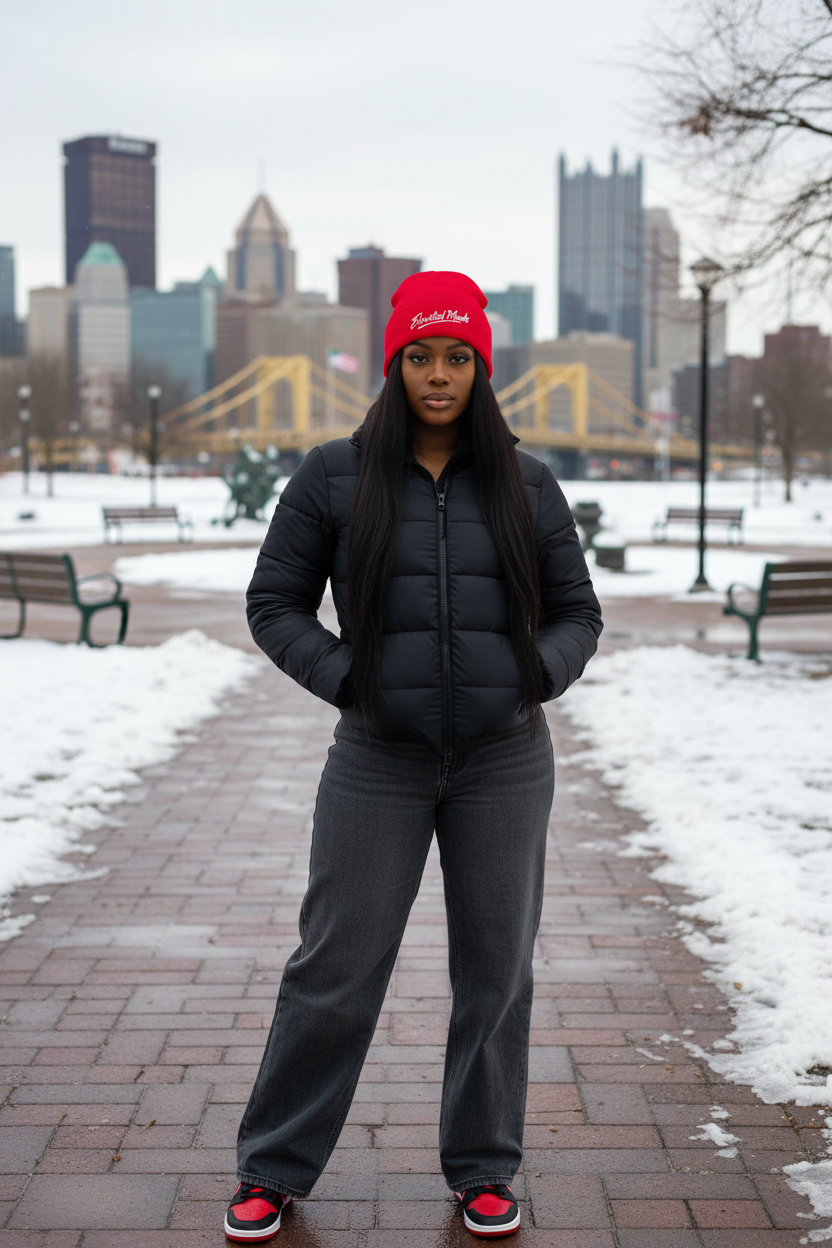 Female model wearing red Elevated Minds beanie