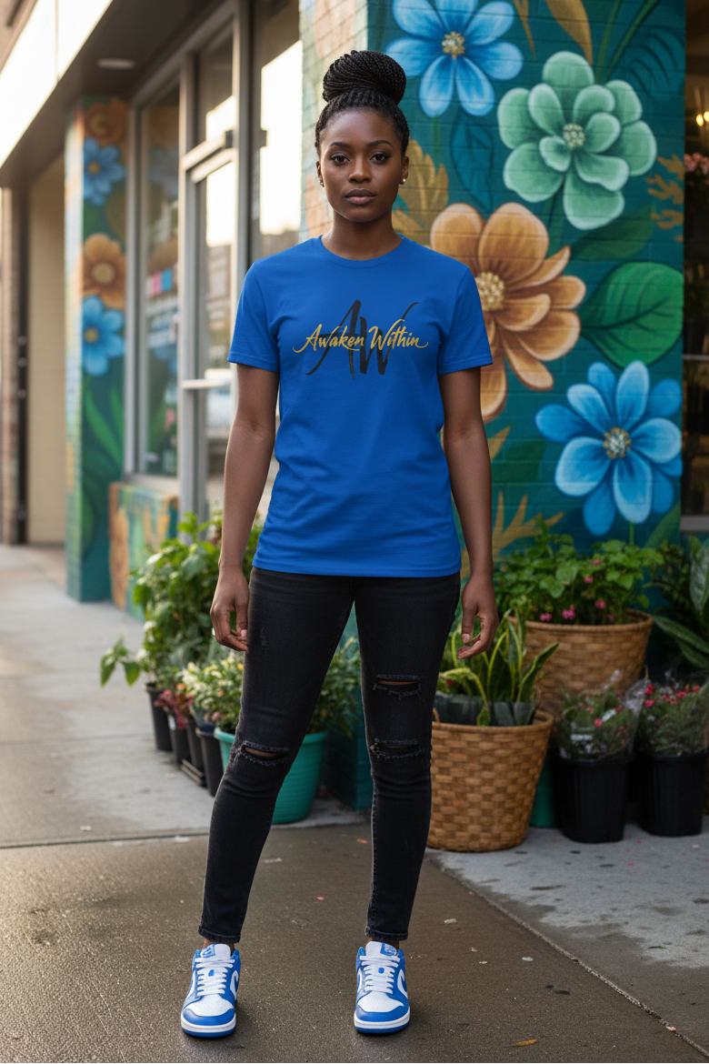 Female model wearing royal-blue Awaken Within tee