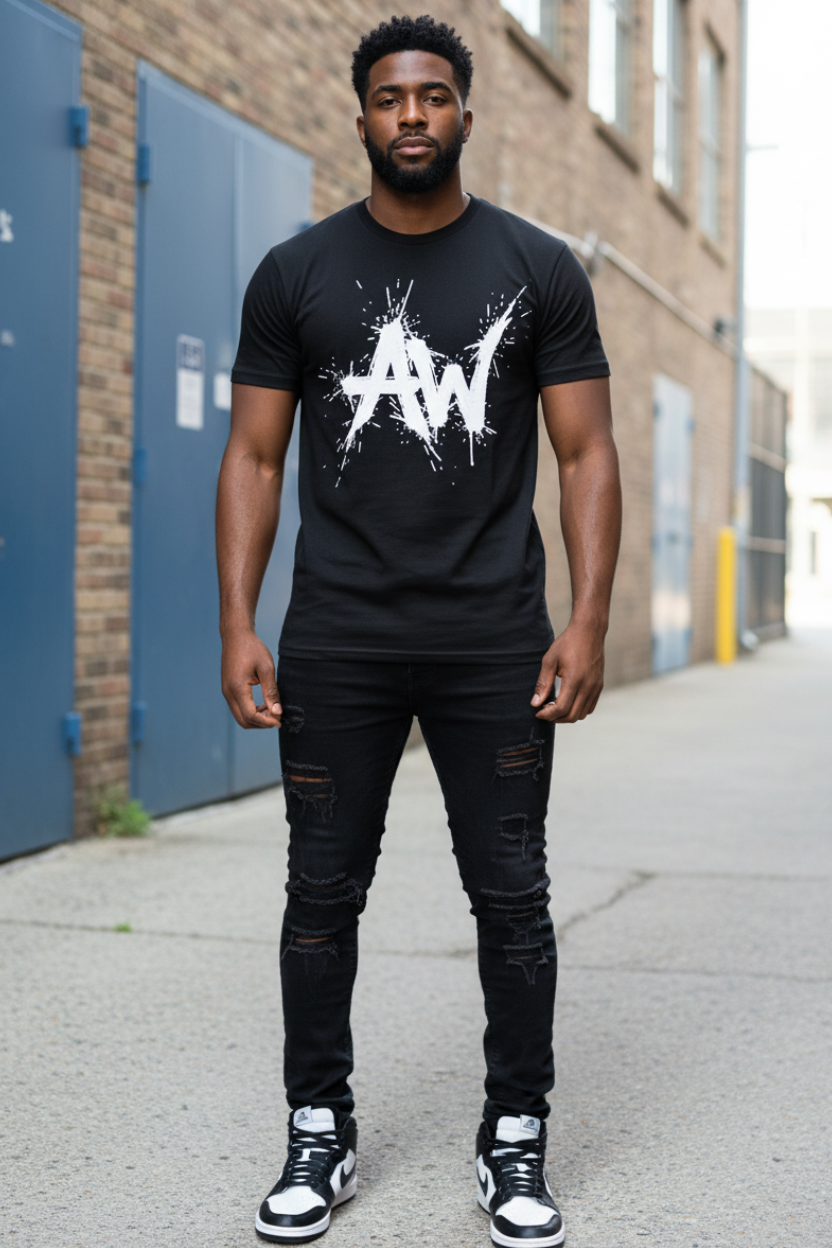 First male model in black splatter AW tee