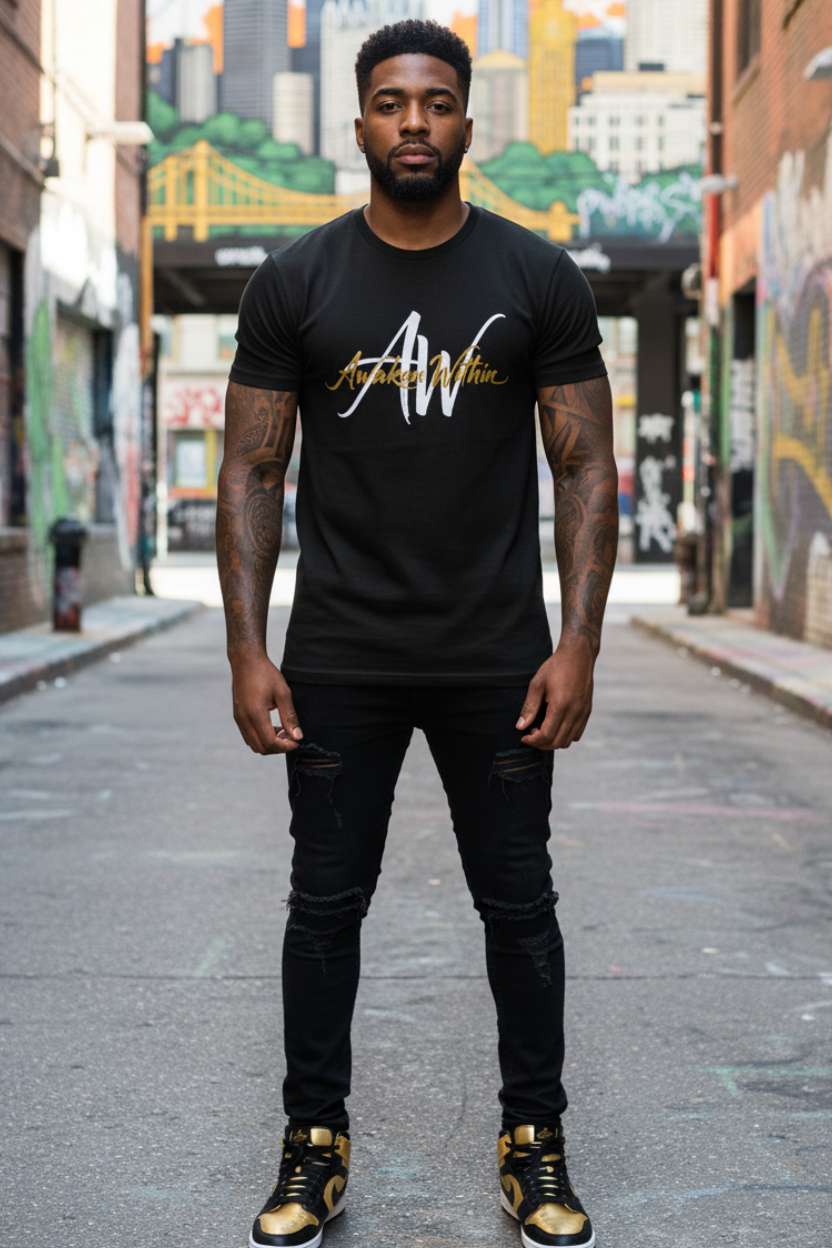 First male model in black tee