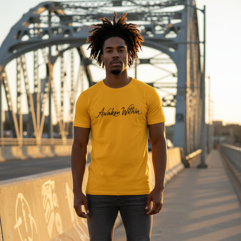 First male model in golden-yellow tee
