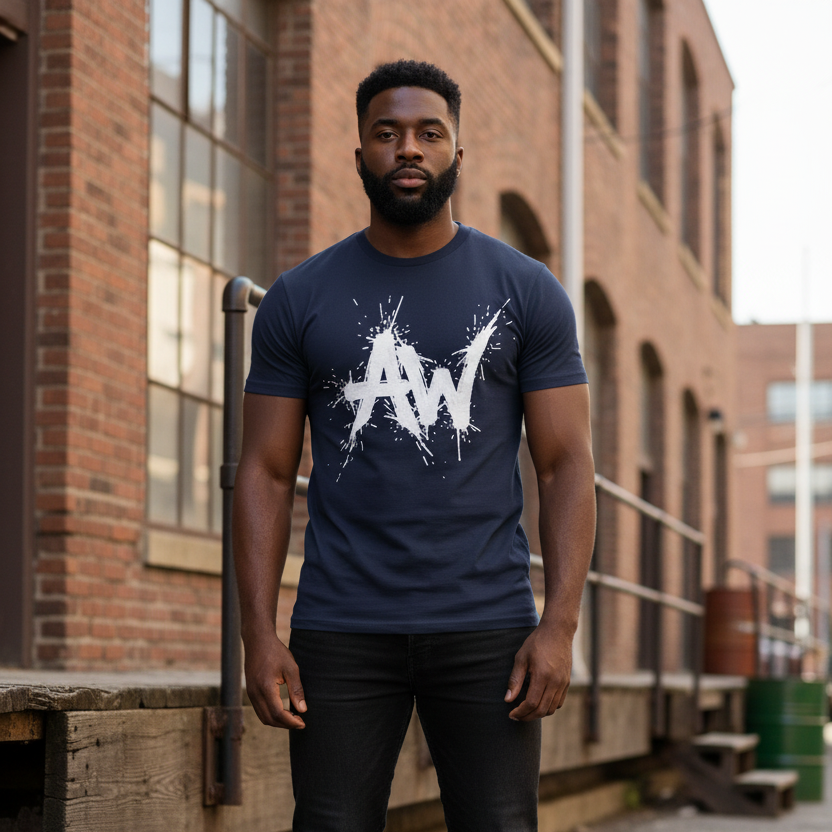 First male model in navy tee
