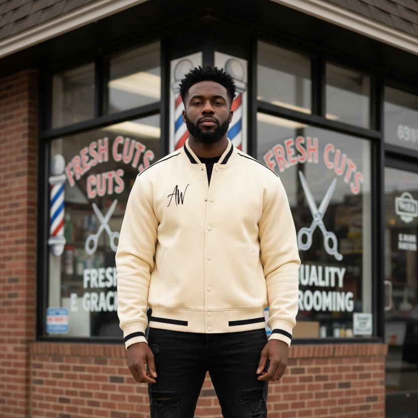 First male model wearing cream jacket