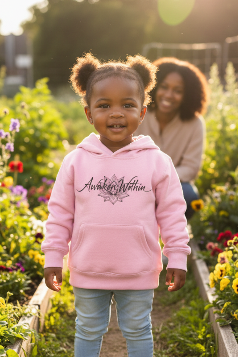 First toddler girl model in the pink Awaken Within hoodie