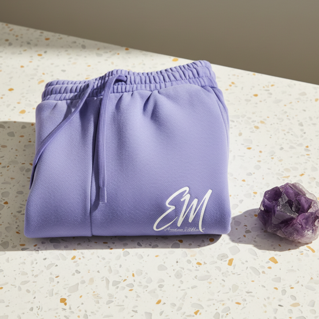 Folded lavender straight-leg sweats