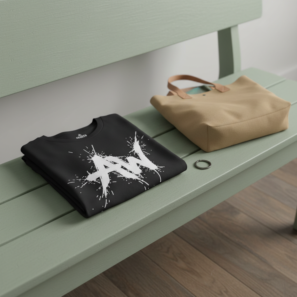 Folded tee on sage bench