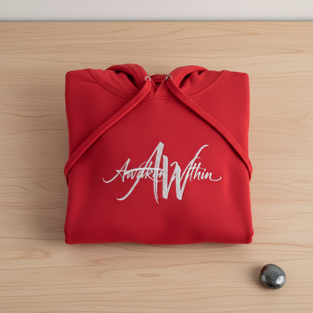 Fresh red hoodie folded on oak