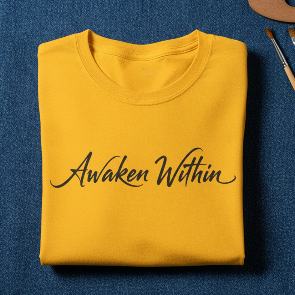 Golden-yellow tee folded on denim