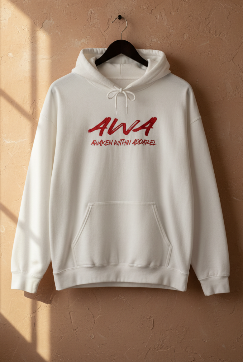 Hanging white AWA hoodie