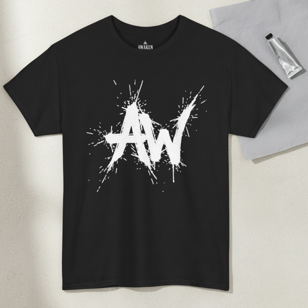 Light flat-lay, black splatter AW tee