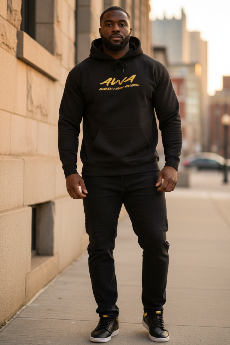 Male model in black AWA hoodie