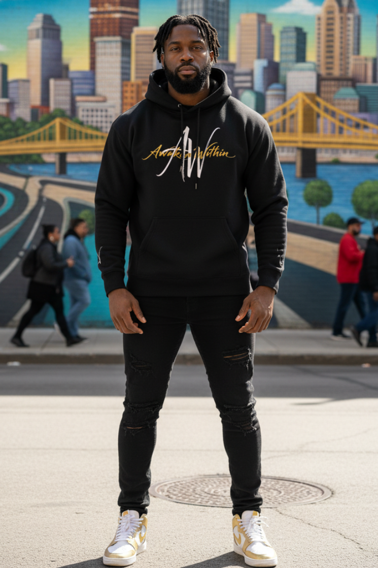 Male model in black hoodie