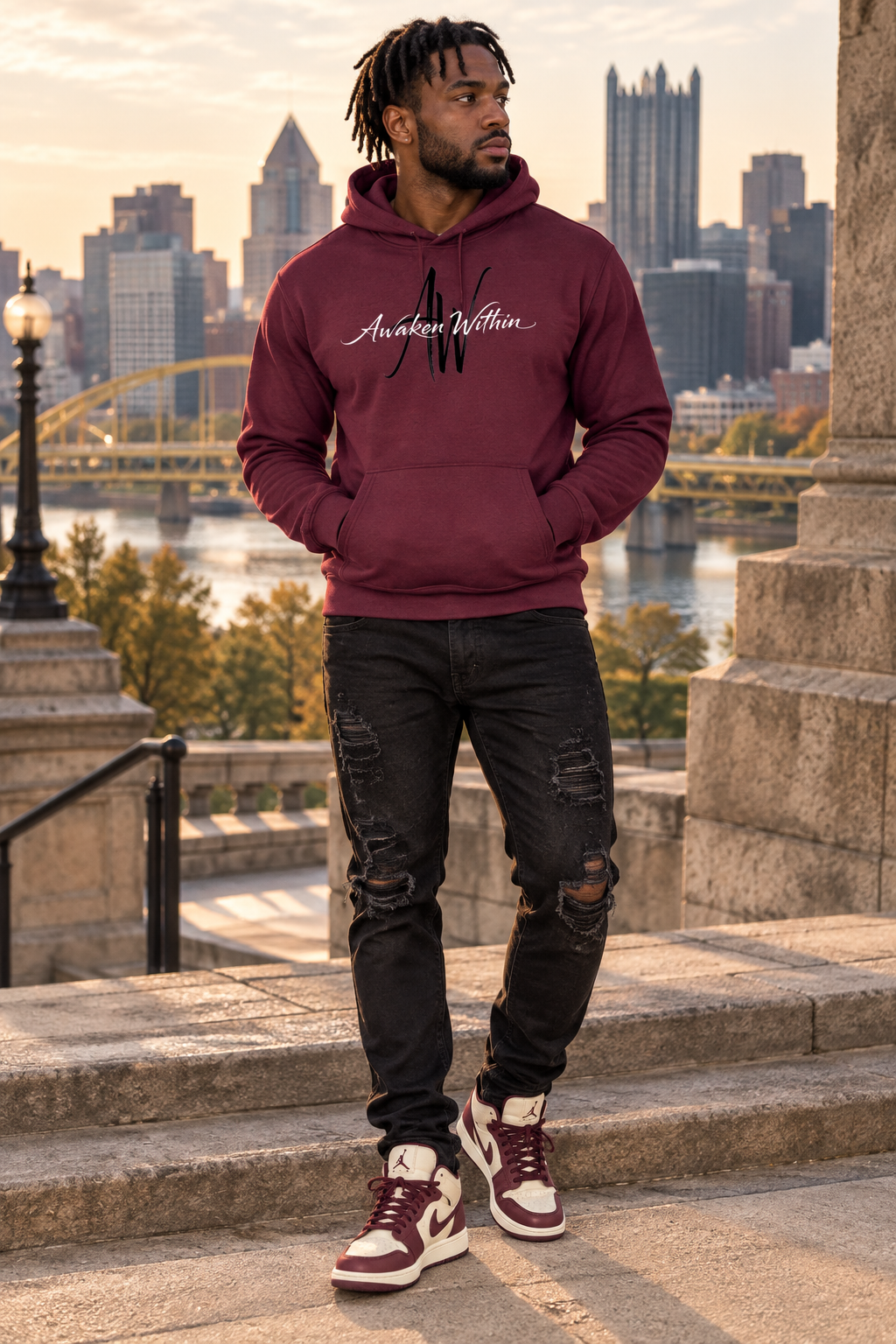 Male model in deep wine AWA hoodie