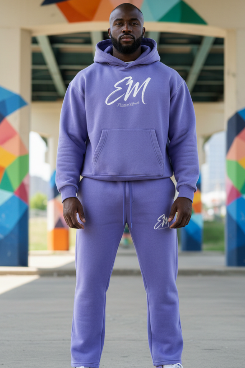 Male model in lavender straight-leg EM tracksuit