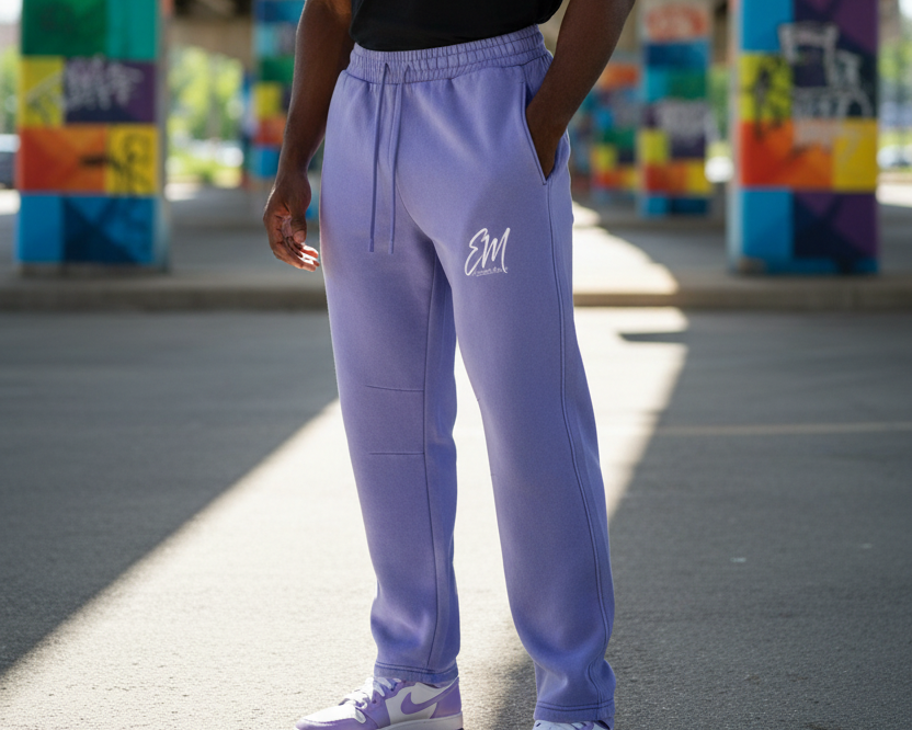 Male model in lavender straight-leg sweats
