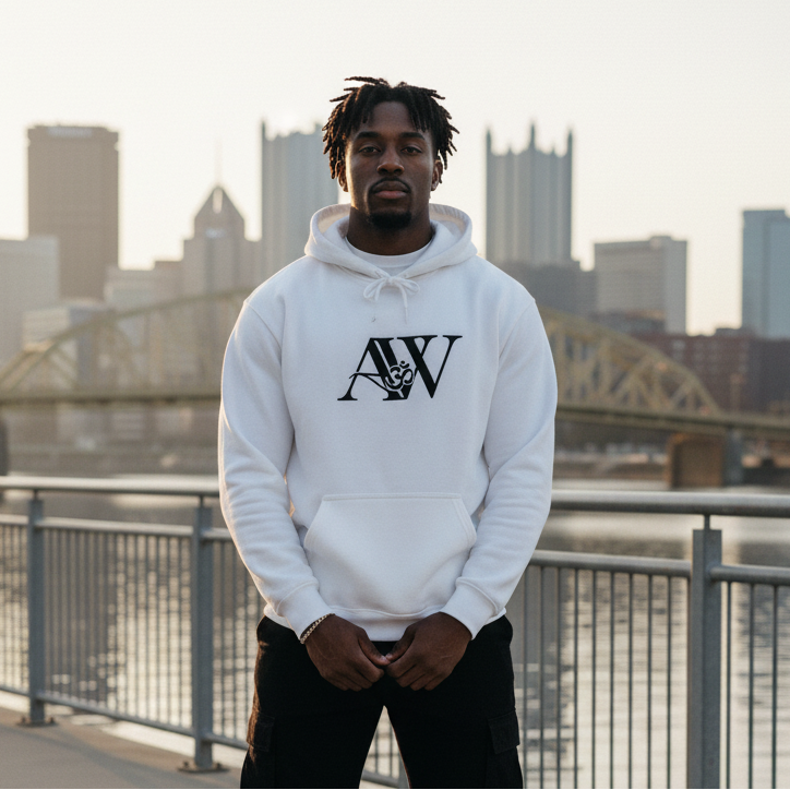Male model in white AW hoodie