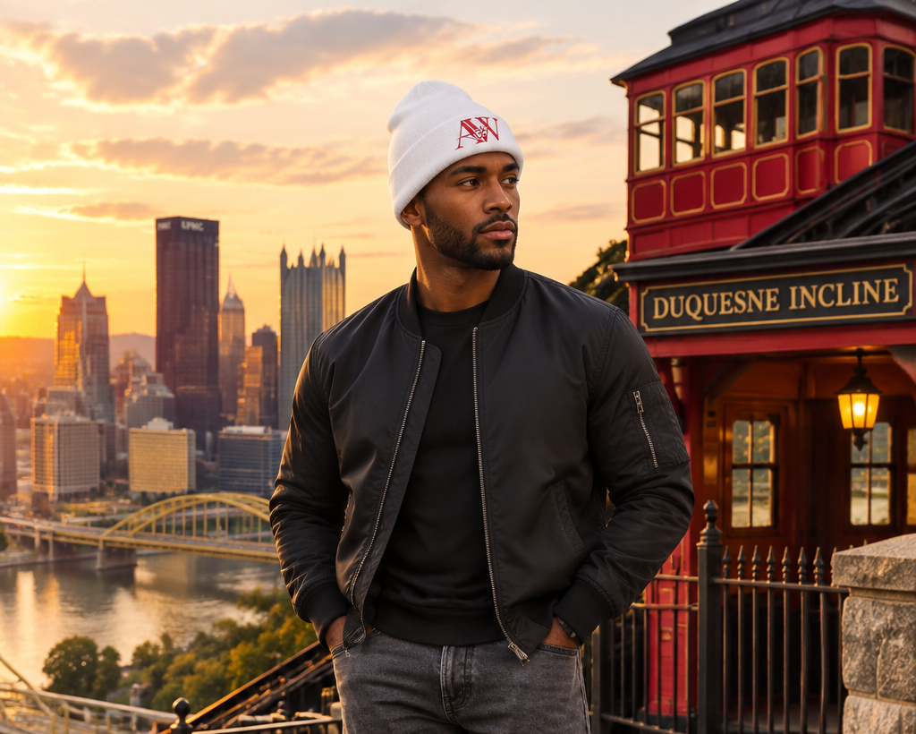 Male model in white AWA beanie