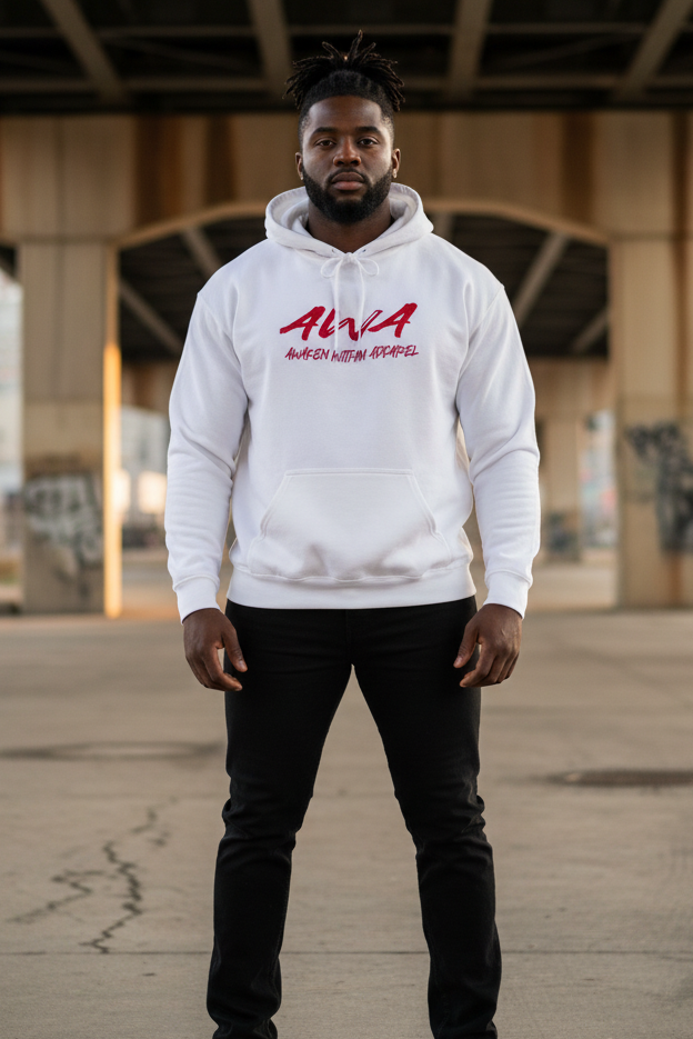 Male model in white AWA hoodie