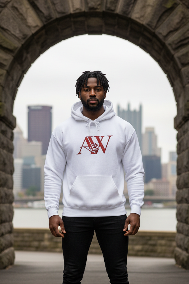 Male model in white AWA hoodie