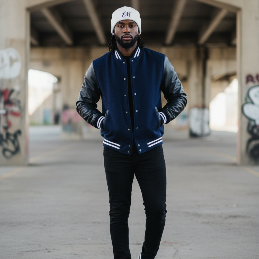 Male model in white Elevated Minds beanie