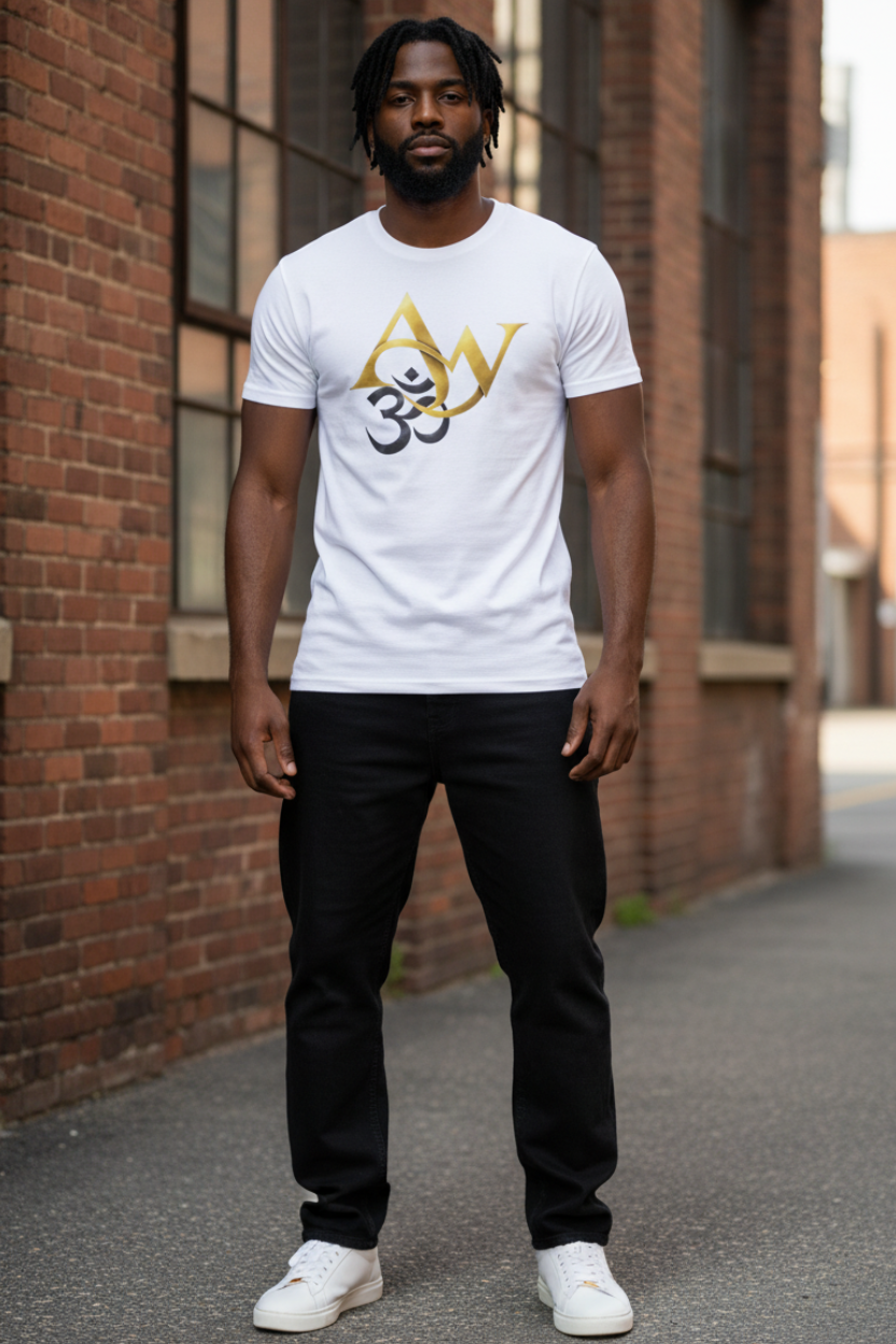 Male model in white Om-AW tee