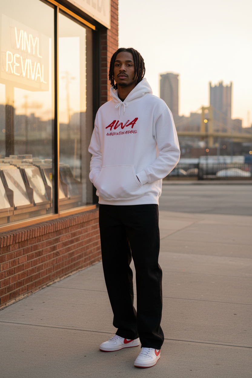 Male model, Pittsburgh record-store setting