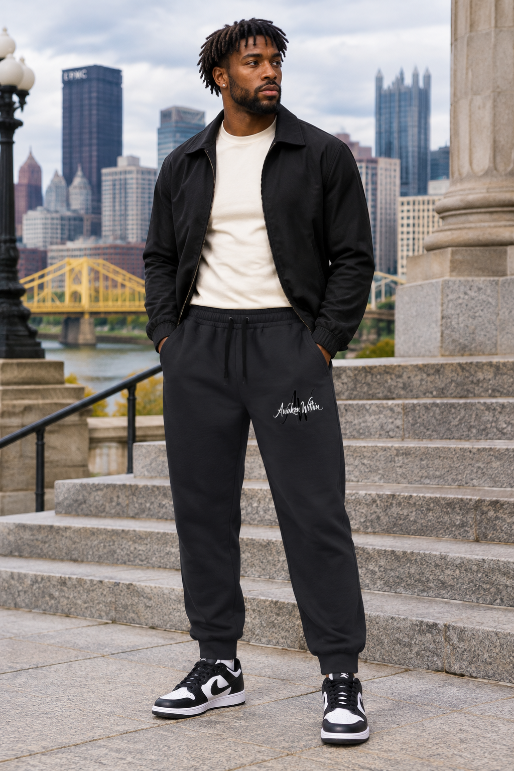 Male model wearing charcoal AWA joggers