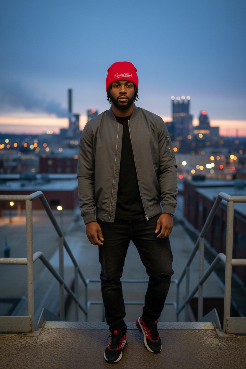 Male model wearing red Elevated Minds beanie