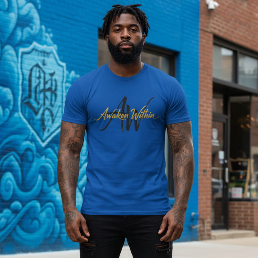 Male model wearing royal-blue Awaken Within tee