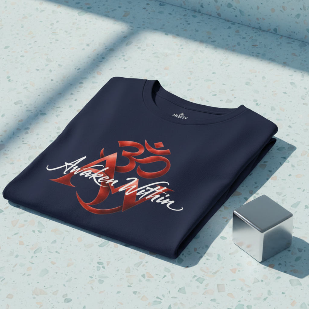 Navy spiritual AW tee folded on terrazzo