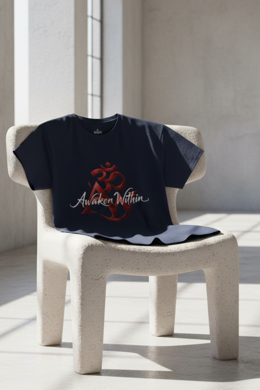 Navy tee draped over concrete chair