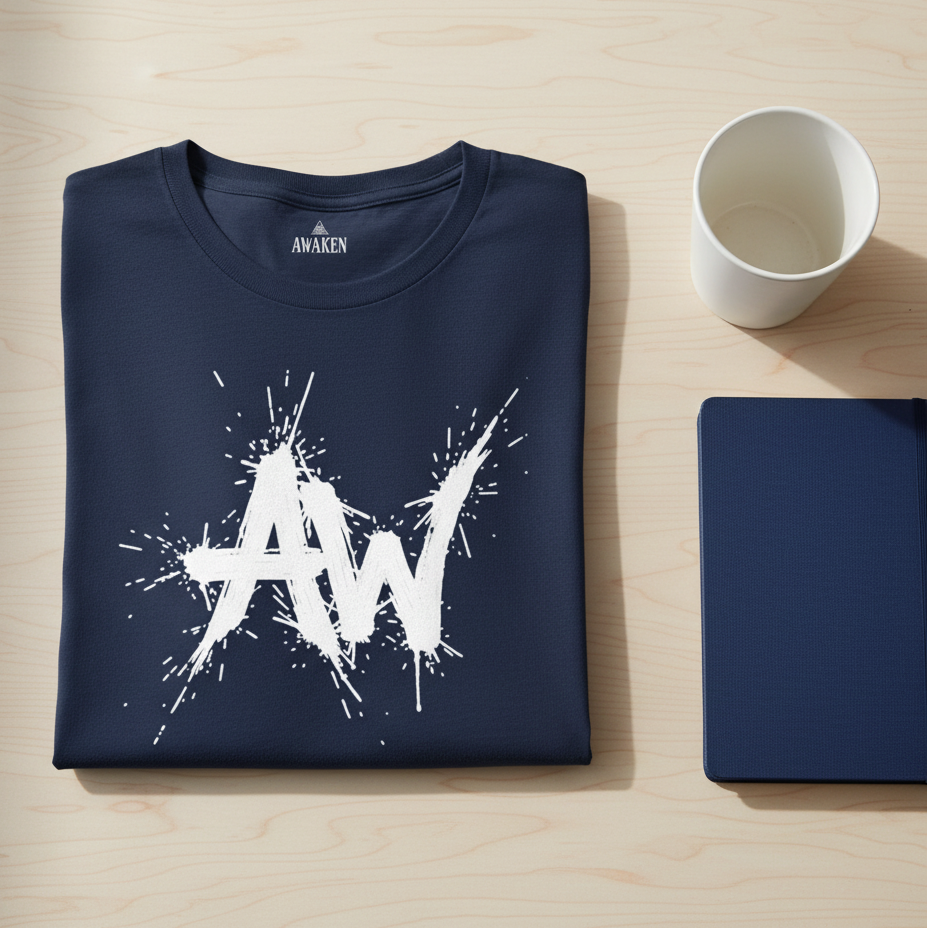 Navy tee folded on maple