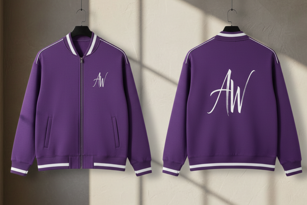 Purple varsity jacket, front and back hanging side by side