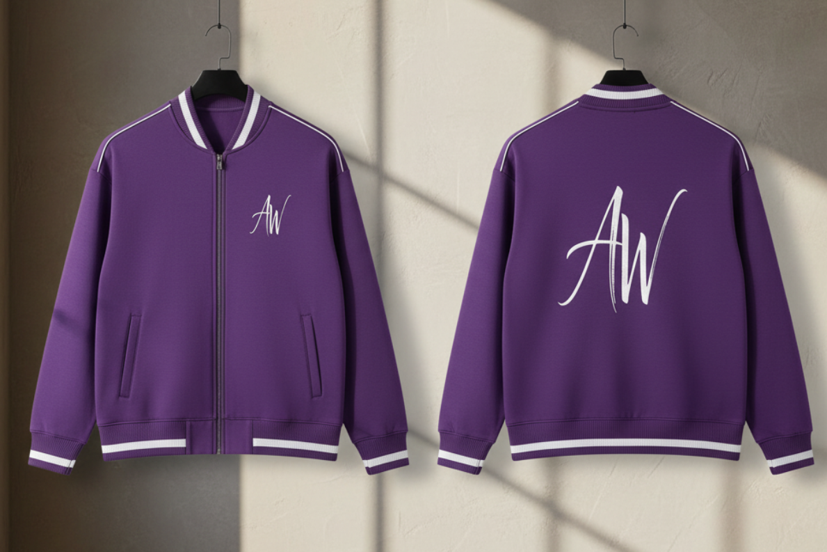 Purple varsity jacket, front and back hanging side by side