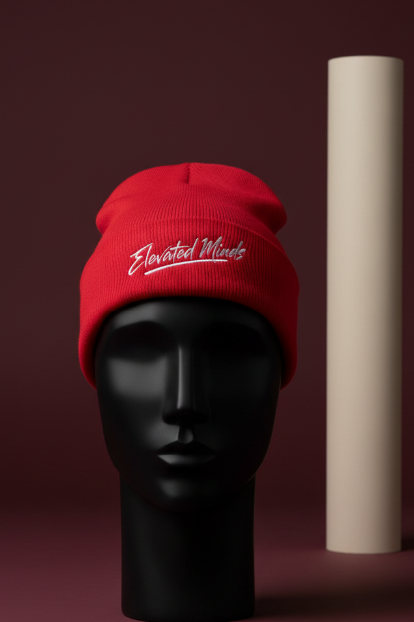Red Elevated Minds beanie campaign image