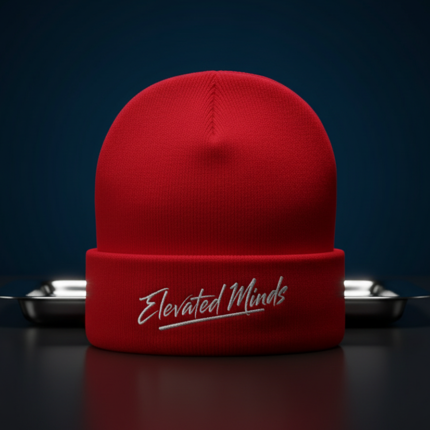 Red Elevated Minds beanie dark studio