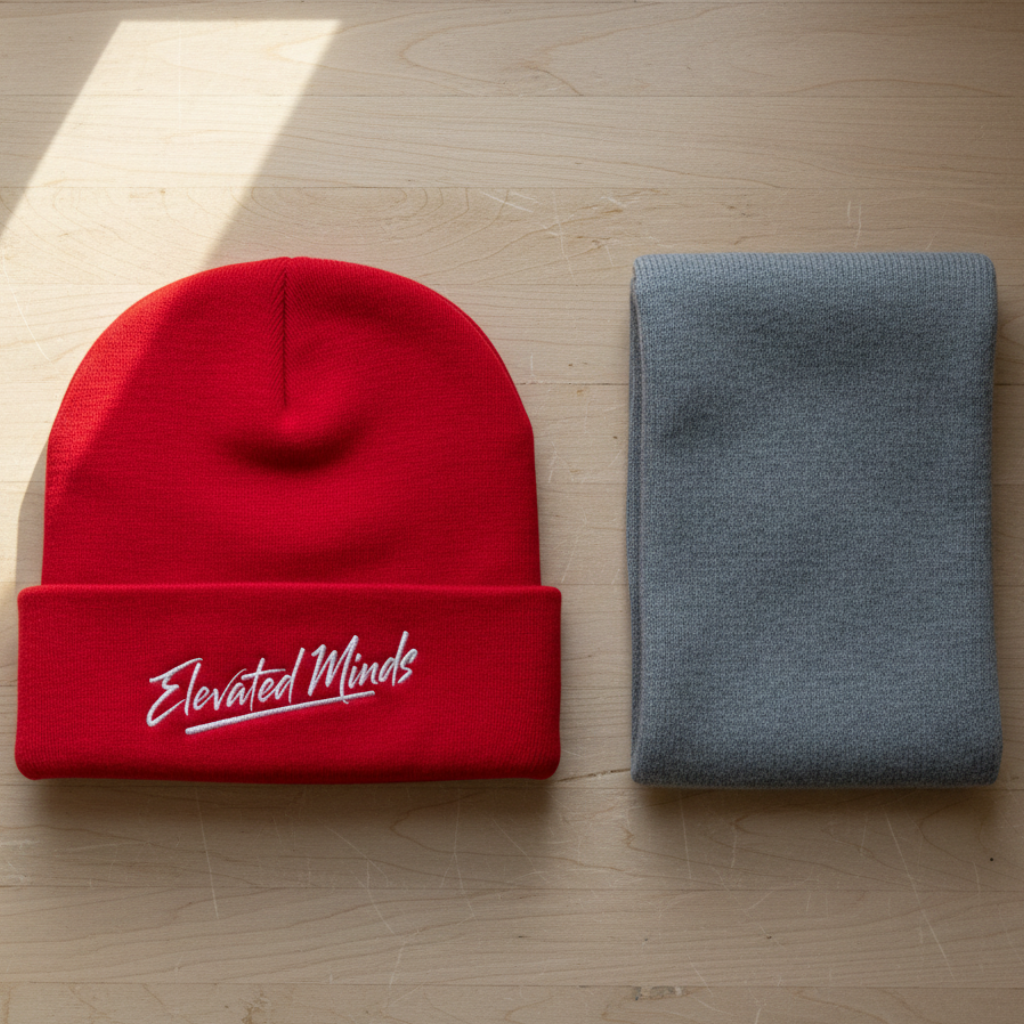 Red Elevated Minds beanie flat-lay
