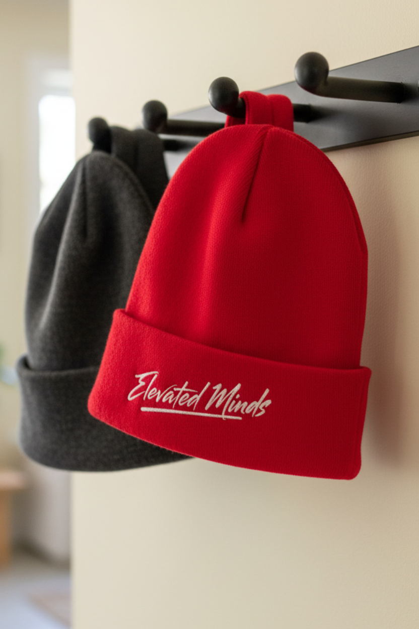 Red Elevated Minds beanie peg-rack display