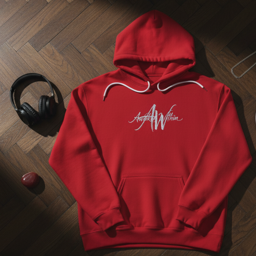 Red hoodie lookbook flat lay on walnut