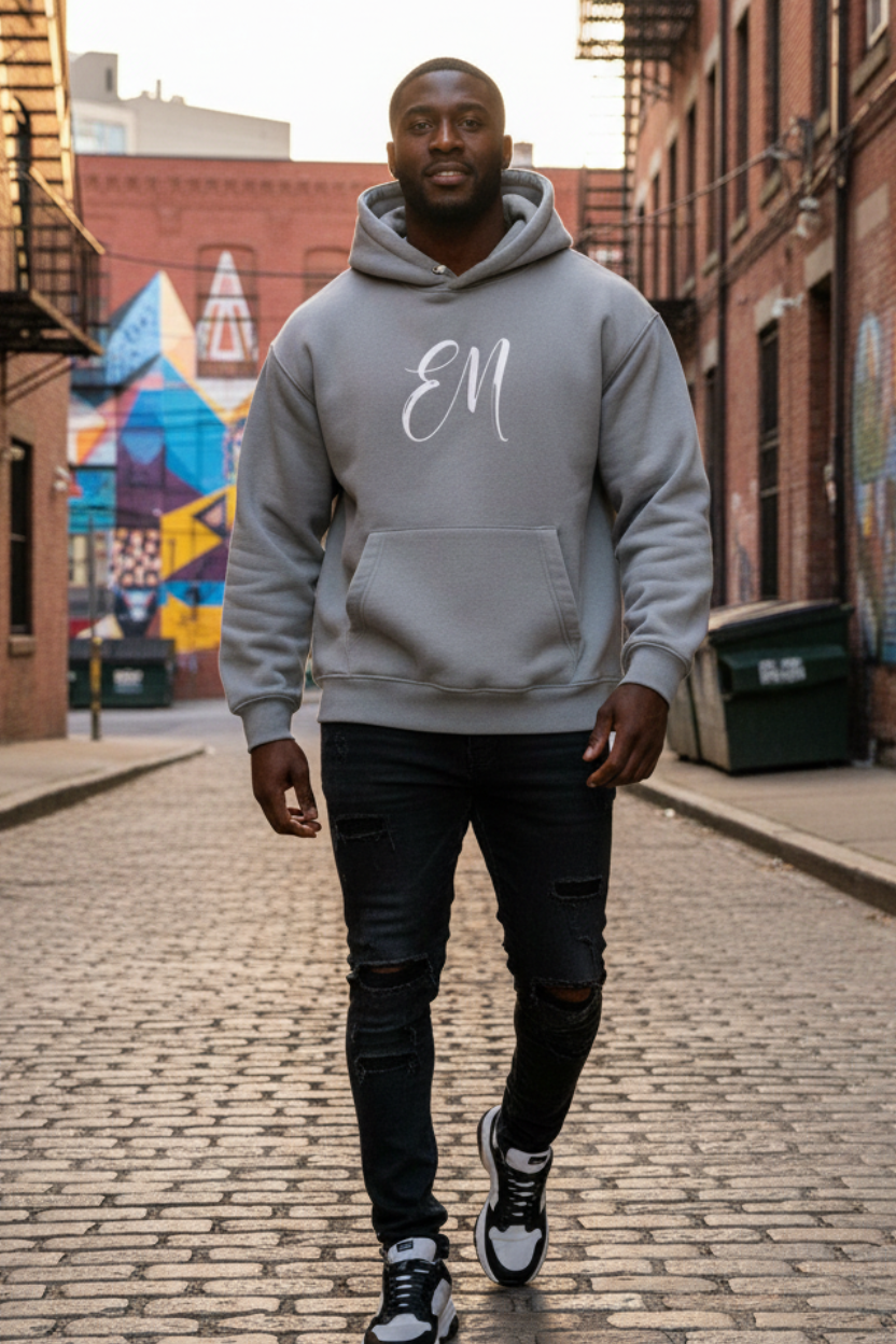 Second male model, fitted hoodie in Pittsburgh